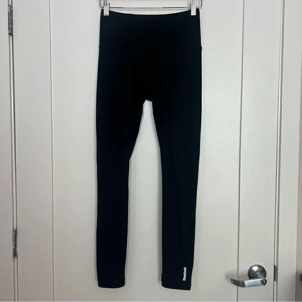 Reebok Althetic Leggings Womens Small Black Stretch Logo Training Gym Yoga